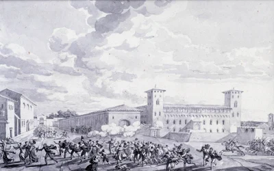 Kampania włoska: widok buntu miasta Paryża przeciwko francuskiej okupacji w maju 1796 r. Anonimowy rysunek. Paryż, Muzeum Luwr