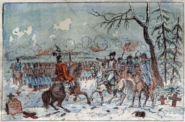 Kampania prusko-polska (1806-1807): „” Napoleon I (1769-1821) na polu bitwy pod Eylau w dniu 08.02.1807 nakazał Muratowi odeprzeć rosyjską kawalerię. Rycina XIX wieku.