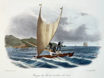 Kajak z żaglem z Wysp Vanikoro, Wyspy Salomona (archipelag), kolorowa grawerunek z Podróży odkrycia Astrolabium dokonanej na rozkaz króla w latach 1826-1829 przez Jules-Sebastien-Cesar Dumont d