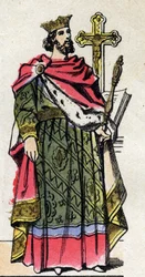 Dynastia Kapetyńska: Portret Roberta II Pobożnego (972-1031), króla Franków od 996 do 1031. Obraz epinal z końca XIX wieku. Prywatna kolekcja.