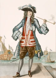 Kapitan Jean Bart z Dunkierki 88: Le Capitaine Jean Baert de Dunquerque, kapitan floty, stoi i pali długą fajkę w dokach; Jean Bart (1651-1702), flamandzki marynarz w