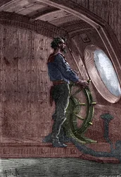 Kapitan Nemo za sterami okrętu Nautilus, z "Twenty Thousand Lieues Sous Les Mers" Juliusza Verne