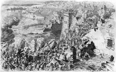 Zdobycie Lagny przez Farnese w 1590 r., po starej rycinie. W „”Histoire Populaire de la France””, sd. ok. 1885 r. Grawerowanie.