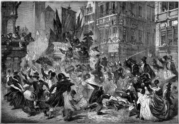Scena karnawałowa na ulicach Antwerpii (Belgia) w 1860 r. Rycina w „”Le Monde Illustré””n°151 z 3 marca 1860 r.