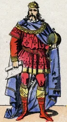 Dynastia Karolingów: Portret Karola, zwanego cesarzem Wielkim lub Karolem Wielkim (Carolus Magnus, 742-814) z lat 800-814. Obrazowanie epinal z końca XIX wieku. Prywatna kolekcja.