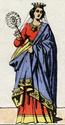Dynastia karolińska: Portret Edwigi Wessex (Edgiva, Otgiva, Ogive, ok. 903-951) Królowa Franków, żona Karola III zwanego Prostym (879-929). Obrazowanie epinal z końca XIX wieku. Prywatna kolekcja.