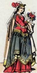 Dynastia Karolingów: Portret Hildegardy z Vintzgau (w. 758-783), żony Karola Wielkiego lub Karola Wielkiego (Carolus Magnus, 742-814). Obrazowanie epinal z końca XIX wieku. Prywatna kolekcja.