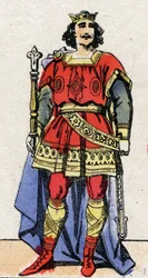 Dynastia Karolingów: Portret Ludwika II Begi (846-879), króla franków od 877 do 879. Obraz epinal z końca XIX wieku. Prywatna kolekcja.