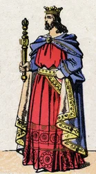 Dynastia Karolingów: Portret Ludwika IV zwanego Outremer (921-954), króla franków od 936 do 954. Obrazowanie epinal z końca XIX wieku. Prywatna kolekcja.