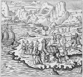 Przewóz towarów na wielbłądach do załadunku statków opuszczających grecką ladę w Aleksandrii do Europy. Grawerowanie w „La Marine et les colonies: commerce”