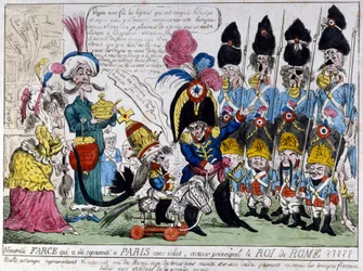Karykatura o Napoleonie I (1769 - 1821) i jego synu, królu Rzymu (1811 - 1832): ten ostatni na koniu na biegunach przegląda wraz z ojcem oddziały armii francuskiej. XIX-wieczna grafika francuska.