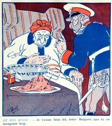 Karykatura krytykująca chciwe zachowanie Bułgarii w związku z podziałem Macedonii podczas wojen bałkańskich 1912-13