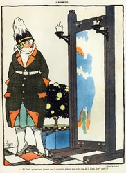 Komiks przedstawiający Niemkę rozczarowaną, że nie może kupić swoich nowych ubrań w Paryżu na rue de la Paix, z wydania magazynu La Baionette w Prima Aprilis (Poisson dAvril), 29 marca