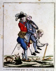 Karykatura o podatku przed rewolucją: Duchowni i szlachta żyjący na tyłach Trzeciego Państwa, ok. 1789