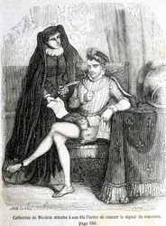 Katarzyna Medycejska (Caterina de Medici) odrywa od swojego syna (Karol IX) rozkaz nadania sygnału masakry św. Barthelemy w 1572 r. - w „Histoire de France” L.-P. Anquetil