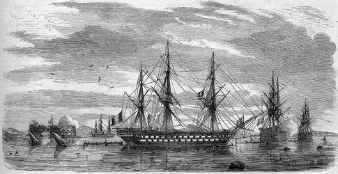 Święto katolickie: Wielki Piątek (Wielki Piątek) w Tulonie (Var, 83) w 1858 r. Statki mają wędki w krzyżu i flagi z połówkami fałów na znak żałoby. Grawer w „Le Monde Illustré” nr 53 z 17 kwietnia 1858 r.