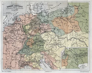 Europa Środkowa ukazująca miejsca historyczne i pola bitewne z lat 1792-1813 - Europa Środkowa ukazująca miejsca historyczne i pola bitewne z lat 1792-1813 - rycina w „Histoire de France” Victora Duruya (1811-1894) - 1882