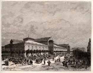 Hale centralne w Paryżu w XIX wieku - rycina w „La France illustree: geographie, histoire, administracja statystyka” V.A. Słodowo-Brązowy. 1884