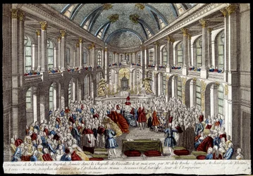 Ceremonia błogosławieństwa weselnego udzielonego w kaplicy wersalskiej 16 maja 1770 r. przez delfina francuskiego Ludwika Augusta (Ludwika XVI) i Marię Antoninę z Austrii - rycina