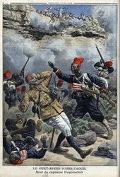 Czad, Zasadzka w Abir Taouil (Abir-Taouil), śmierć kapitana Fiegenschuha, ilustracja z „Le petit Journal”, dodatek illustrique, 6 marca 1910