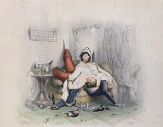 Szampan i Miłość, zakochana para zasnęła po szóstej butelce szampana, grawerowana przez Bettanniera Freresa, Paryż, 1852