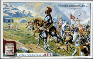 Karol Wielki i jego armia przekroczyli Alpy w 800 r. - chromolitografia Liebiga, początek XX wieku.