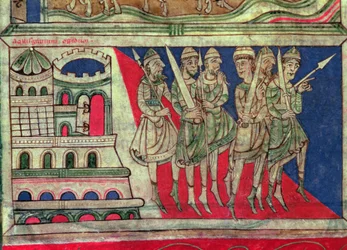 Karol Wielki opuszcza Akwizgran i udaje się do Santiago de Compostela, miniatura z „Codice Calixtus”, fol. 162v., c.1150 (welum)