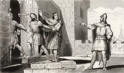 Karol III (879-929) Prosty wzięty do niewoli przez jednego ze swoich żołnierzy, z „Histoire de France” Colarta, wydanej ok. 1840 r.