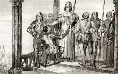 Karol V (1358-80) Mądry przedstawia swój miecz Duguesdinowi, z „Histoire de France” Colarta, wydanej ok. 1840 r.