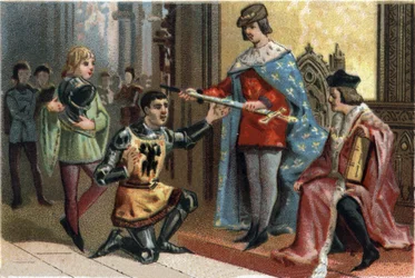 Karol V Mądry (1338-1380) uroczyście oddał wodza konnetable Bertranda du Guesclin (1320-1380). Chromolitografia około 1890 r.