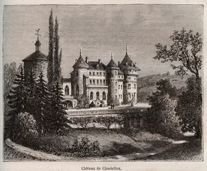 Zamek Chastellux - Chastellux sur cure, Burgundia - rycina w „La France illustree: geografia, historia, administracja statystyczna” autorstwa V.-A. Słodowo-Brązowy. 1884