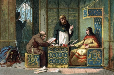 Childebert II, król Francji od 695a 711 w swoim zamku w Oise, otoczony mnichami, którzy dzielą jego pracę. Chromolitografia około 1890 r.