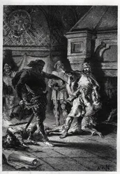 Childebert I (ok. 498-558) podczas zabójstwa spadkobierców swoich braci w 526 - Childebert I kazał Chlotarowi (Clothaire