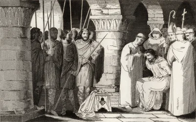 Childeric III (714-51) zostaje zdetronizowany i zamknięty w klasztorze, z „Histoire de France” Colarta, opublikowanej ok. 1840 r.