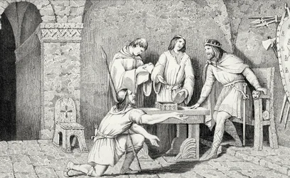 Childeric I (zm. 481) i Historia dwóch połówek złotej monety z „Histoire de France” Colarta, wydanej ok. 1840 r.
