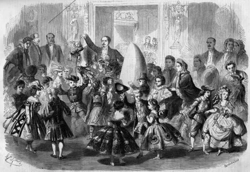 Bal dziecięcy na cześć Eugeniusza Ludwika Napoleona (1856 - 1879), syna Napoleona III. Paryż, 3 kwietnia 1861. Prince Imperial (w środku) jest rozczarowany jako Pierrot. Grawer w „Le Monde Illustré” nr 210 z 20 kwietnia 1861 r.