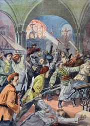 Chińscy chrześcijanie zmasakrowani w Mukden przez bokserów, z Le Petit Journal, sierpień 1900