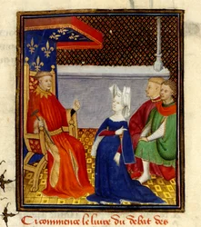 Christine zwracająca się do Louis d’Orléans, MS Harley 4431, f.58v, Francja, c.1410-14 (kolor na pergaminie)