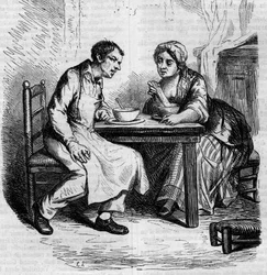 Christophe i gruba Sylvie: służący jedzą śniadanie. Grawerowanie w połowie XIX wieku. Ilustracja do „Ojca Goriota” Honore de Balzac (1799-1850).