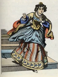 Kopciuszek uciekając z balu, pojawia się jej szklany but. Ilustracja do bajki Charlesa Perraulta „Kopciuszek lub La petite slipper de verre”