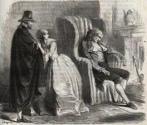 Clotilde Sprengel i Zacharie Bergmann obserwują niemieckiego lekarza Petrusa Schultza śpiącego przed XVIII wiekiem. Grawer z 1871 r. w „Histoire Des Cocuses Celebres” Henry