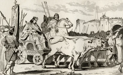 Clovis III (682-95) w rydwanie ciągniętym przez woły, z Pepinem II z Herstalu (ok. 714) jadącym obok niego, z „Histoire de France” Colarta, wydanej ok. 1840 r.