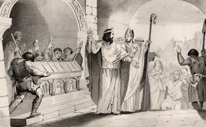 Clovis II (635-57) Sprzedaż srebra i złota z sanktuarium nakarmić ubogich, z „Histoire de France” Colarta, wydanej ok. 1840 r.