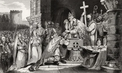 Clovis I (465-511) ochrzczony wraz z mężczyznami ze swojej armii przed bitwą pod Tolbiac, z „Histoire de France” Colarta, wydanej ok. 1840 r.