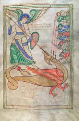 Dorsz. Guelfa. 1 Gud. łac. 15r, Święty Michał walczący ze smokiem, z Liber Floridus Lamberta de Saint-Omer c.1120
