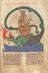 Cod. Guelf. 1 Gud. lat. 42r, Antychryst jadący na Lewiatanie, z Liber Floridus Lamberta de Saint-Omer, ok. 1120