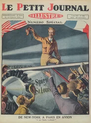 Pułkownik Charles Lindbergh (1902-74) po przybyciu na lotnisko Le Bourget po pierwszym transatlantyckim locie z Nowego Jorku do Paryża w dniu 21 maja 1927, okładka Le Petit Journal, 5 czerwca 1927 (płk