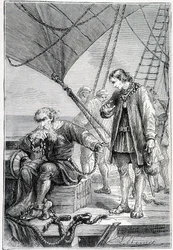 Kolumb związany jak złoczyńca (na pokładzie statku), chory. „”Odkrycie de la Terre””Jules Verne, wyd. Hetzel, b.d. 19.