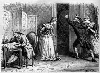 Comedie Francaise: przedstawienie „Opata miecza” Jeana Nicolasa (Jean-Nicolas) Bouilly (1763-1842). Grawerowanie z lat 1867-1868.