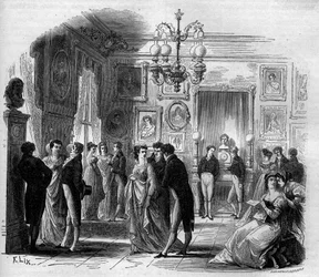Comedie Francaise: widok foyer artystów z komikami Francois-Joseph (Francois Joseph) Talma (1763-1826) i Anne Boutet, dit Mademoiselle Mars (1779 - 1847), francuska komiczka. Grawerowanie z lat 1867-1868.
